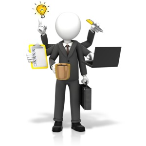 This clip art image shows a businessman figure with multiple arms doing many tasks.