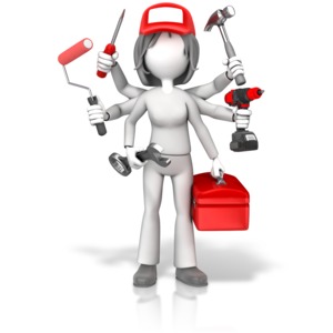 An image of a female stick figure with six arms and tools depicting multi-tasking abilities or jack of many trades.