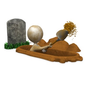 This clip art image shows a figure digging in a grave with a shovel.  Displays the idiom of digging ones own grave.