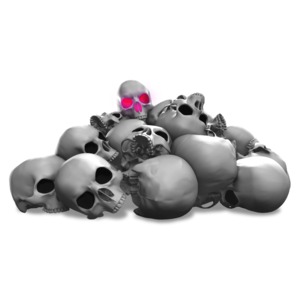 An image of a pile of skulls with one glowing.