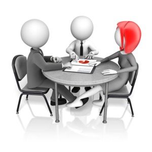 This clip art image shows a woman figure and a male figure playing footsy under the table while working in an office environment.