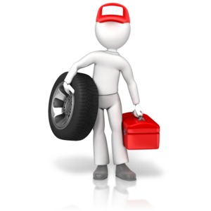 An image of a mechanic holding a tire and a toolbox.