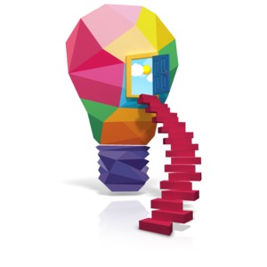 An image of a colorful light bulb made out of shapes with a staircase leading to an open door.