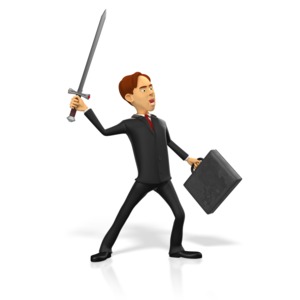 A businessman holding a briefcase in one hand raises a sword in the other.