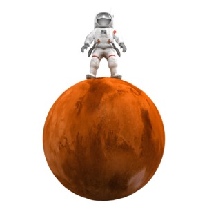 An astronaut stands proudly and a small mars.