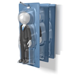 Packaged figures of business men hanging on a rack. This clip-art can represent people as a commodity.