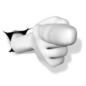 This clip art image shows an arm coming out of a punched out hole and pointing in an accusing like gesture.
