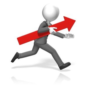 A business man in a suit runs while carrying an arrow.