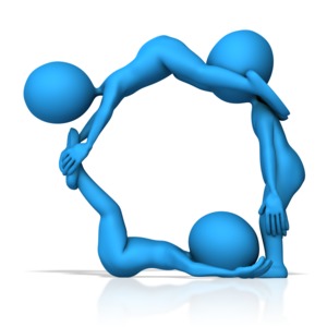 This clip art image shows three figures working together to form the letter O.