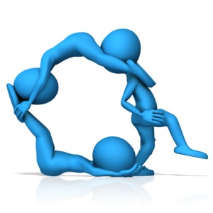 This clip art image shows three figures working together to form the letter Q.