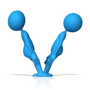 This clip art image shows two figures working together to form the letter V.   