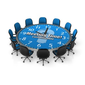 An image of a business table and chairs.  You can customize the table top by adding your own text and images.  The clock numbers and hands can be removed in the customizer layers.