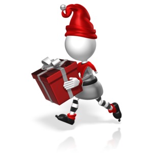 An elf runs carrying a present.