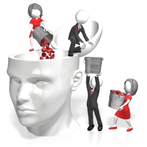 A team of business people use buckets to pour contents into and empty head.