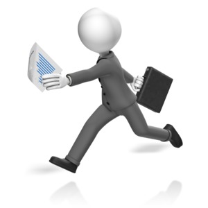 A business man runs while holding out a paper with a bar graph on it.