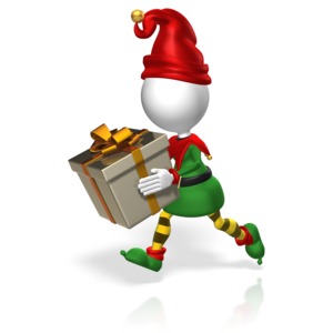 An elf runs carrying a present.