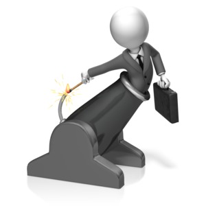 A business man in a cannon lights the fuse. This clip-art can represent someone trying to reach new heights.