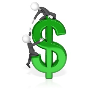 Two businessmen climb to the top of a giant dollar symbol.