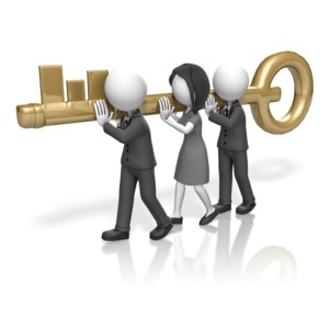 Three business people carry a giant skeleton key. This clip-art can represent working together as the key to success.