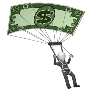 A business parachuting with a giant dollar bill.