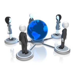 A group of business people on network nodes standing around a globe.