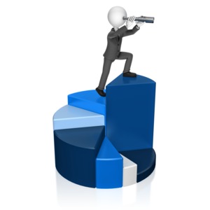 A businessman stands on top of a pie chart and looks through a spyglass.