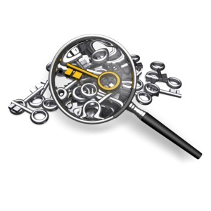 This clip art image shows a magnify glass fining a standout key in a pile of keys.
