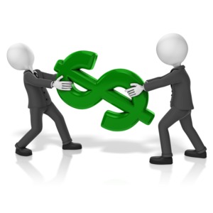 Two business men play tug-of-war over a dollar symbol. This clip-art can represent two people competing for profit.
