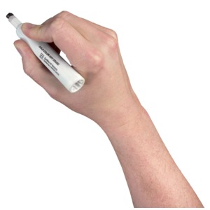 A photograph of a male hand holding a marker ready to draw.