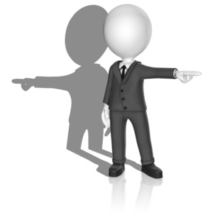 A stick figure points in one direction while his shadow points in the other. This can represent  someone having an ulterior motive.