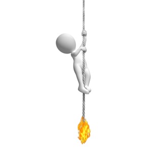 This clipart images shows a figure climbing a rope that is on fire.