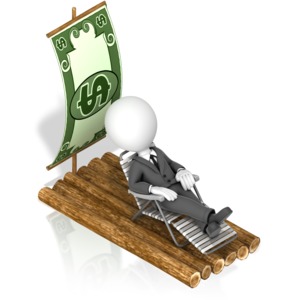 A businessman relaxes on a lawn chair sitting on a raft with a sail made out of money.