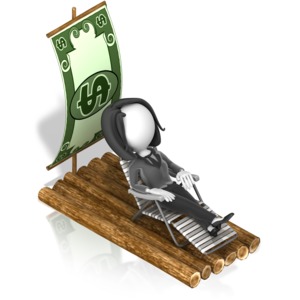 A business woman relaxes on a lawn chair sitting on a raft with a sail made out of money.