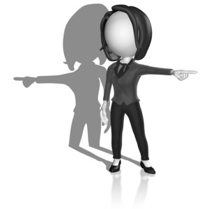 A stick figure points in one direction while her shadow points in the other. This can represent  someone having an ulterior motive.