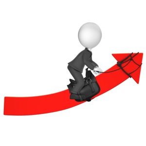 This clip art image shows a businessman figure riding and up arrow.