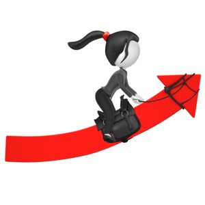 This clip art image shows a businesswoman figure riding and up arrow.