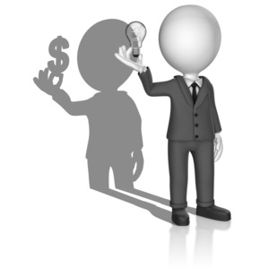 A businessman stands holding a light bulb while her shadow holds a dollar symbol. This clip-art can represent turning an idea into profit.