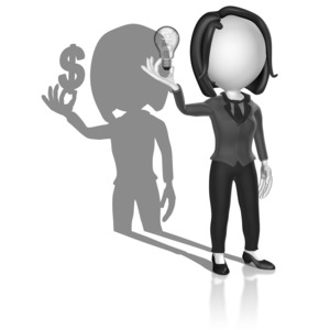 A business woman stands holding a light bulb while her shadow holds a dollar symbol. This clip-art can represent turning an idea into profit.
