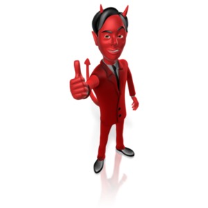 A businessman-devil gives a thumbs up.