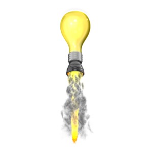 This clip art image shows a idea light bulb blasting upwards.