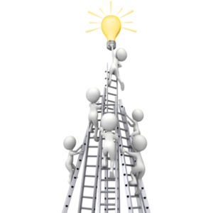 Many figures climb ladders to reach an idea light bulb, but only one has the right length ladder to reach it.