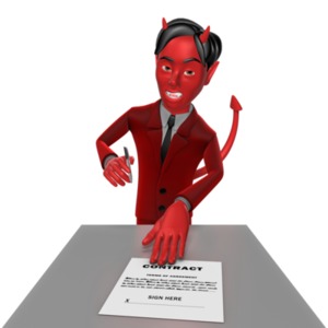A horned devil in a suit holds a pen as he pushes a contract forward. This clip-art can represent making a bad deal.