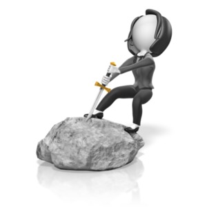 A business woman tries to pull a sword from a stone. This clip-art can represent a business person accomplishing a great task.