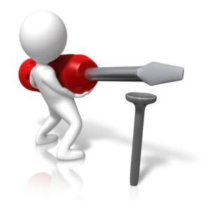 A stick figure trying to use the &quot;wrong tool for the job&quot; with a flat head screw driver on a nail.