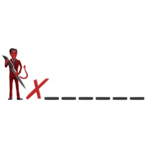 A devil in a red suit holds a pen while standing next to dotted line. This clip-art can represent making a bad decision.