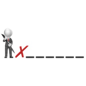 A businessman holds a pen while standing next to a signature line.