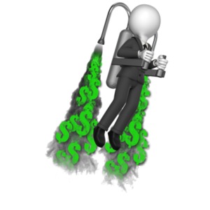 This custom design clip art image shows a businessman figure flying a jet pack with symbols coming out.  You can change the symbols to your own logo or another image by using out online customizer.