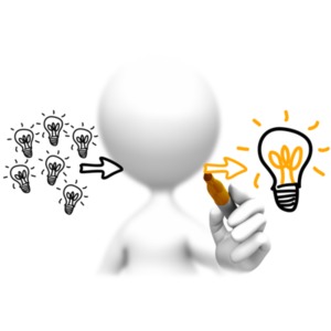 An image of a figure drawing light bulbs, one of them being the best idea out of many.