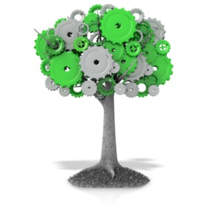 This clip art image shows a tree with the top made up of gears.