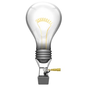 An image of a hot air balloon in the shape of a light bulb with a figure riding below using a scope to search.